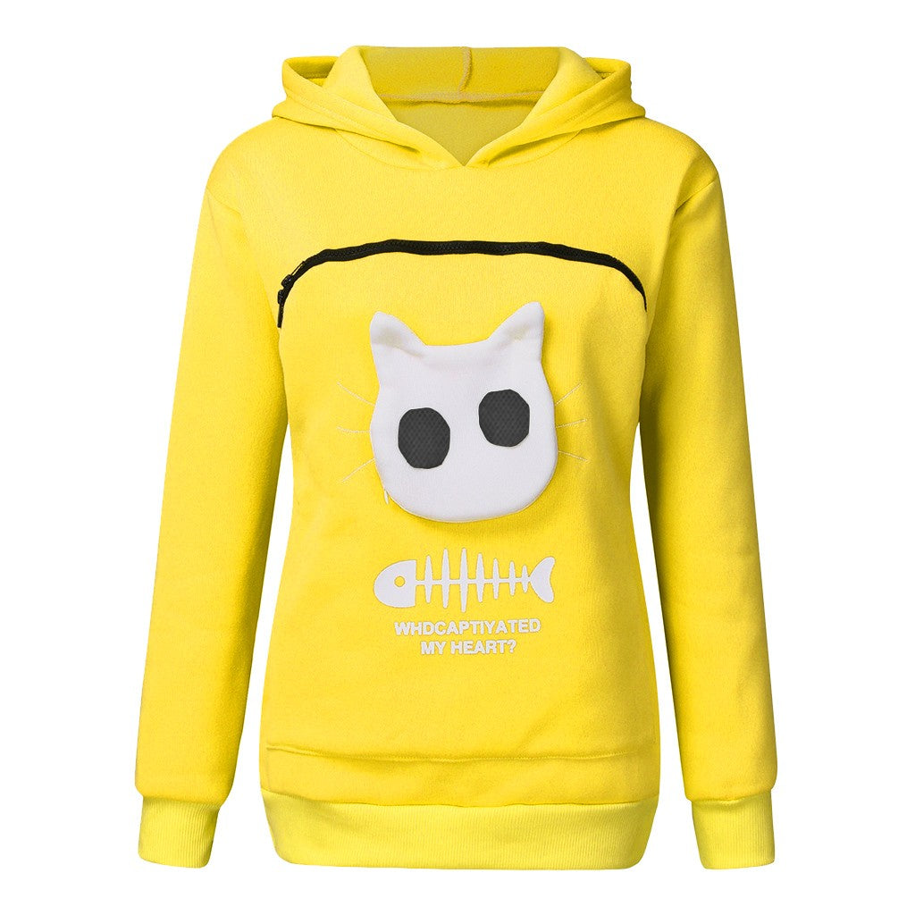 Women Hoodie Sweatshirt With Cat Pet Pocket Design Long Sleeve Sweater Cat Outfit by DERILUJA LLC