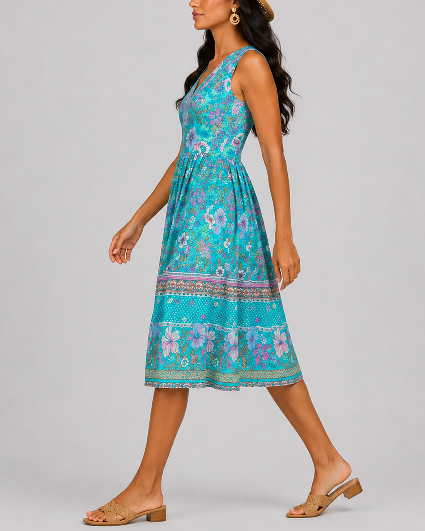 Women's Fashion Ethnic Style Blue Printed V-Neck Open Front Sleeveless Dress by eprolo