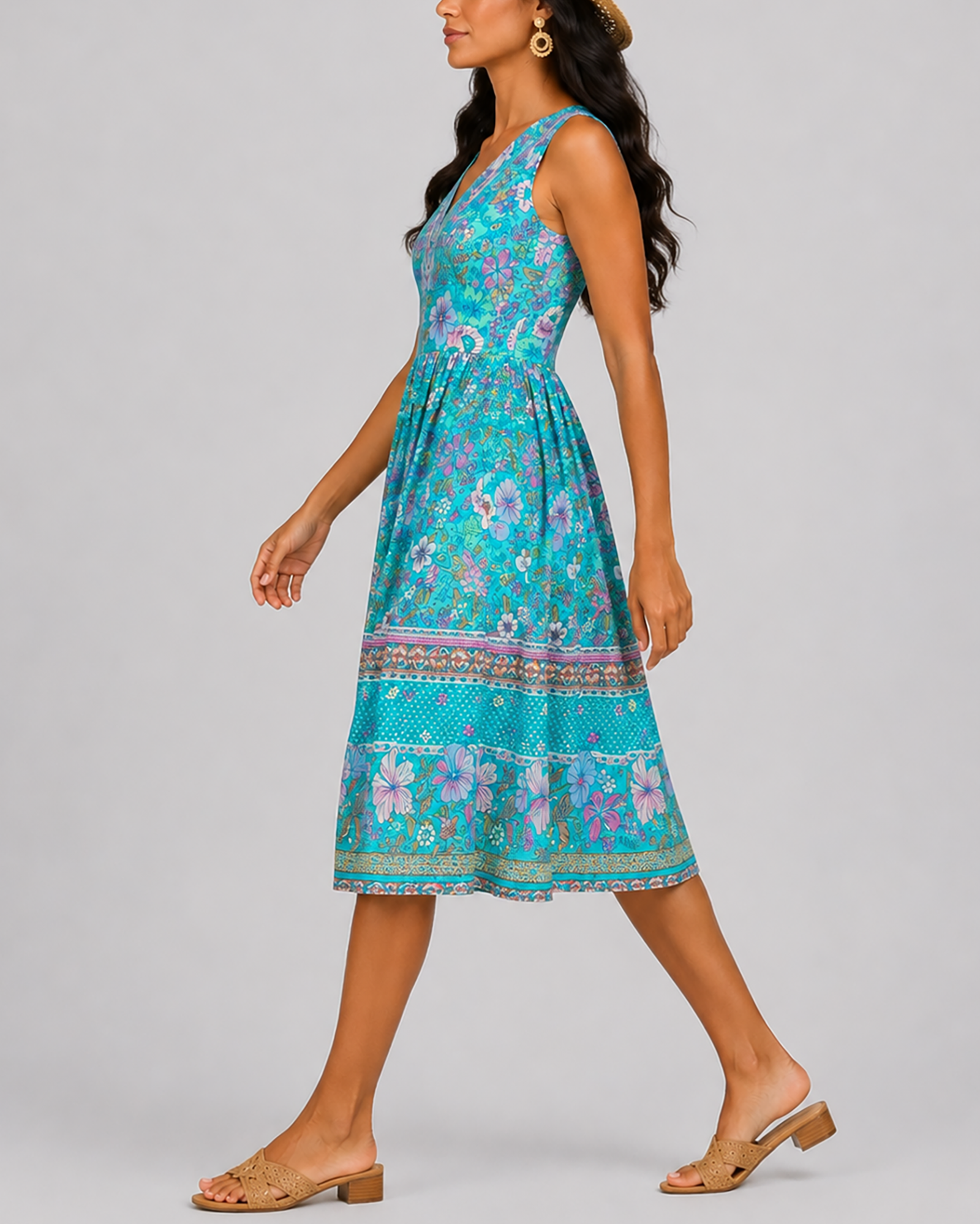 Women's Fashion Ethnic Style Blue Printed V-Neck Open Front Sleeveless Dress by eprolo
