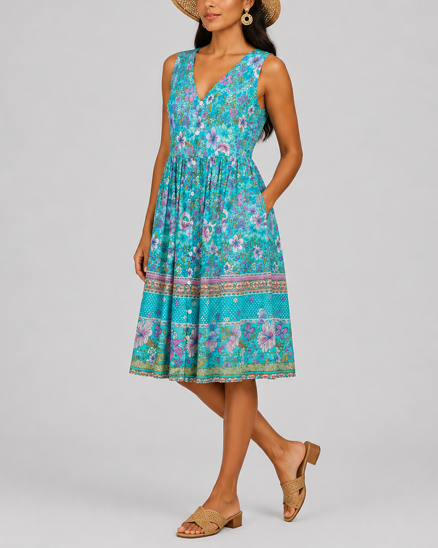 Women's Fashion Ethnic Style Blue Printed V-Neck Open Front Sleeveless Dress by eprolo