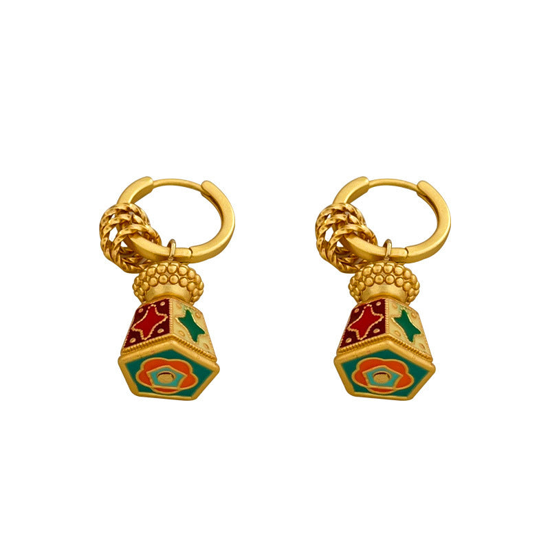 Chinese-Style Retro Enamel Oil-Drip Earrings for Women, Unique Design, Elegant and Chic, Luxury High-End Vintage Jewelry