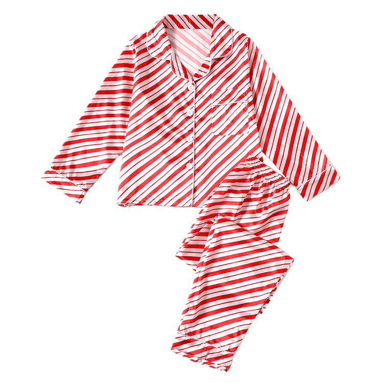 Christmas Family Wear Parent-Child Wear Solid Color Stripes Satin Simulation Silk Boys And Girls Pajamas Home Wear Set