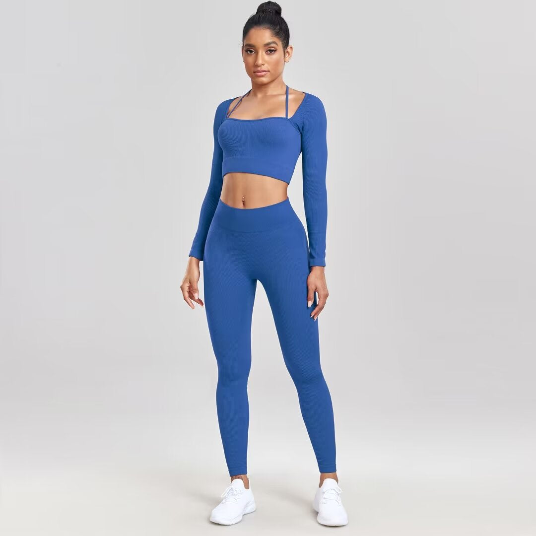 Sports Running Seamless Ribbed Long Sleeve Yoga Fitness Set, Bodycon High-Waisted Backless T-Shirt, Quick-Dry Workout Apparel by eprolo
