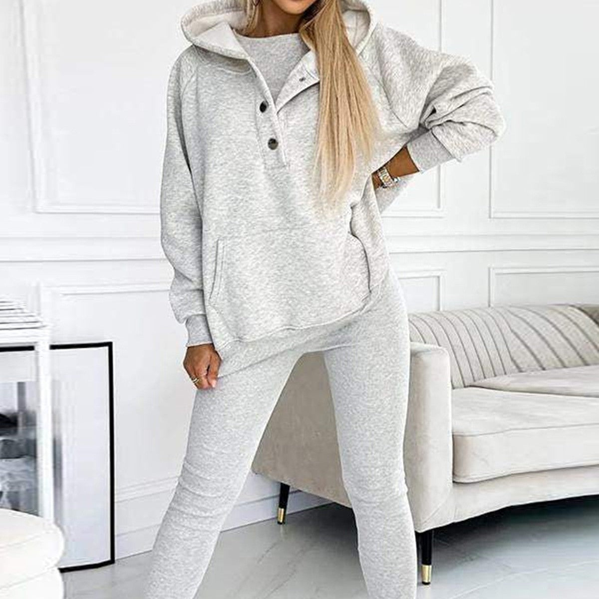 3pcs Women's Sports Suit Loose Hooded Pockets Sweatshirt And Vest And Slim Trousers by My Store