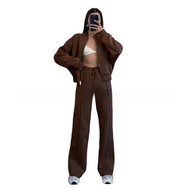 Women's Sports Suits Zipper Jacket And Wide Leg Pants Two-piece Set by My Store