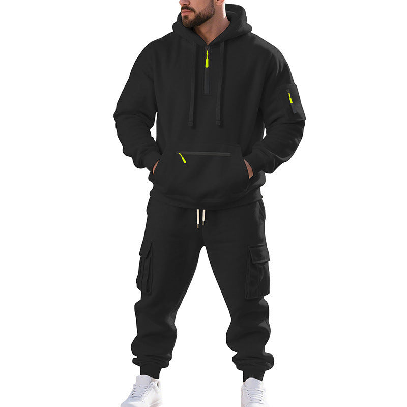 Men's Loose Sports And Leisure Suit Sweater Fleece-lined Hoodie Set Zipper Multi-Pocket Pullover Men's Sports Casual Top Two-piece Set by My Store