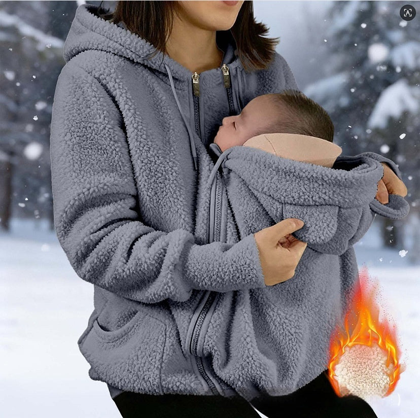 Corduroy Hooded Sweatshirt With Baby-pocket Women's Thickened Zip-up Jacket For Parent-Child Matching Outfits by DERILUJA LLC