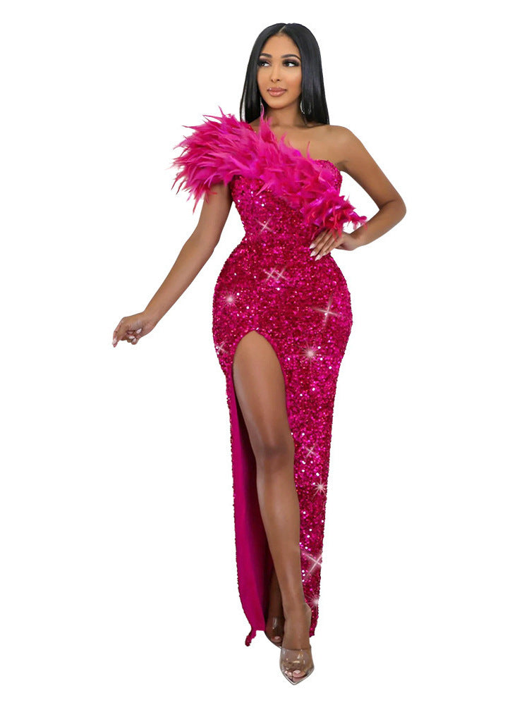 Women's Summer Sexy Sequin Split Maxi Dress by DERILUJA LLC