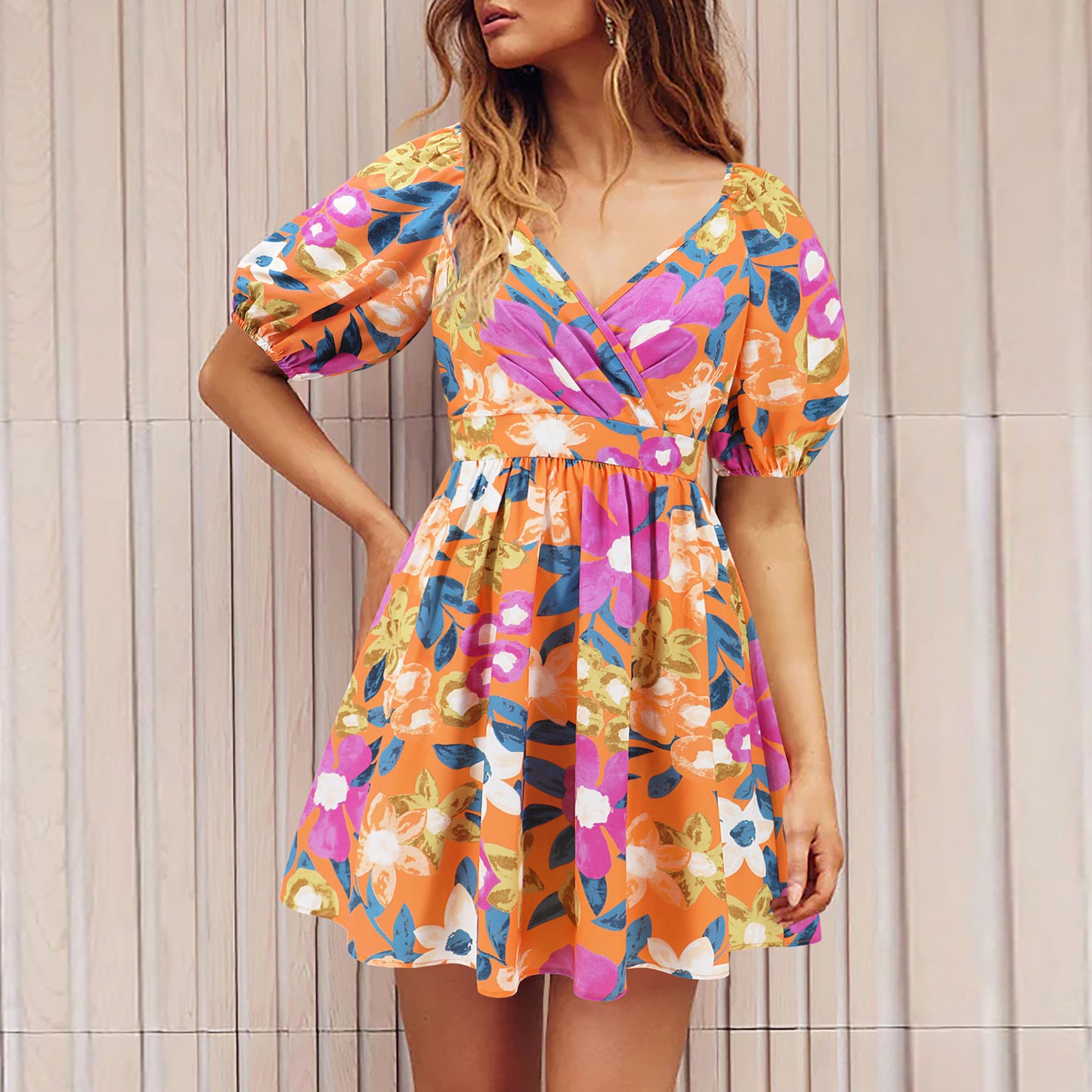 Flowers Print V-Neck Lantern-sleeve Dress Y2K Summer Vacation Beach Short Dresses Fashion Womens Clothing by DERILUJA LLC