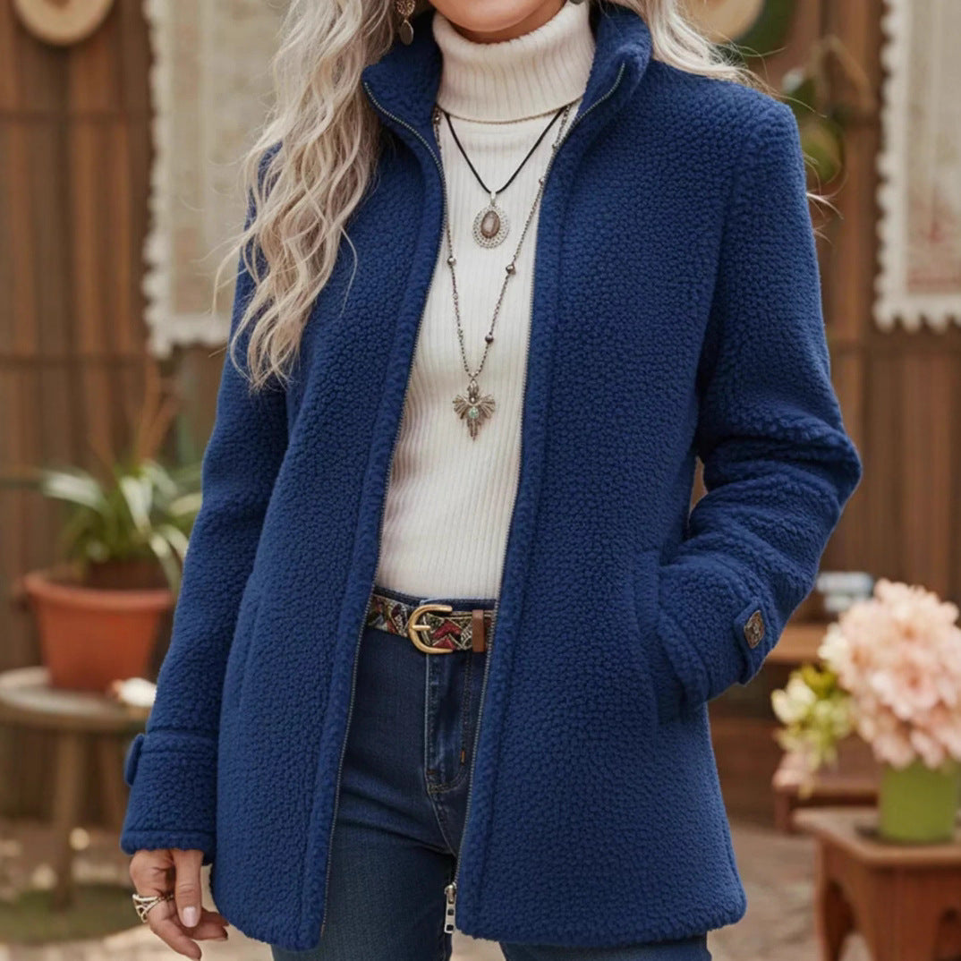 Fleece Zip-Up Jacket Women's Stand Collar Solid Color Loose Fit Casual Long Sleeve Outerwear Clothing by DERILUJA LLC