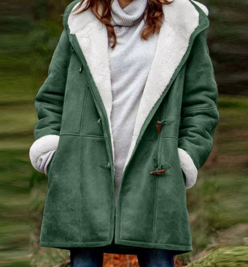Winter Vintage Button Jackets Women's Warm Fleece Hooded Coat Casual Mid-Length Trench Top Outwear Clothing by DERILUJA LLC