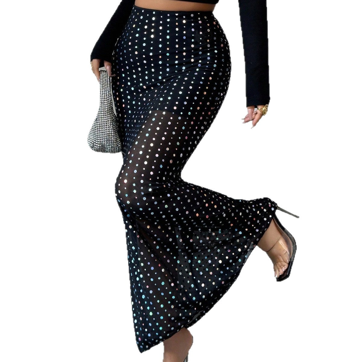 Shimmery Sequin Doublelayer Mesh Highwaist Figurehugging Hipskimming Skirt by DERILUJA LLC