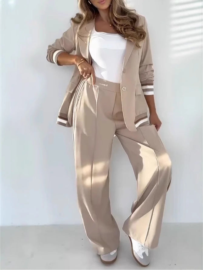 2 Pcs Set Women Suit Coat Pants Suit Lapel Long Sleeves Lady Jacket Wide Leg High Waist Trousers Female Commuting Office Outfit by My Store