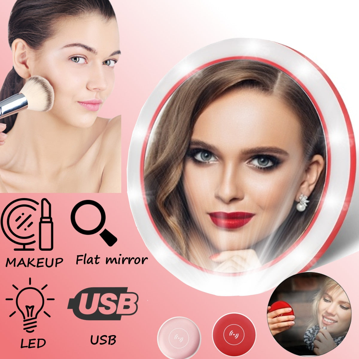 Portable LED Lighted Mini Circular Makeup Mirror Compact Travel Sensing Lighting Cosmetic Mirror Wireless USB Charging