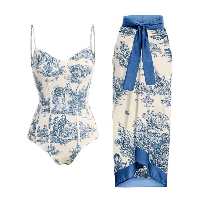 New One Piece Swimsuit Women's Conservative Slim Vintage Print With Steel Support Hard Bag Swimsuit Chiffon Skirt by eprolo