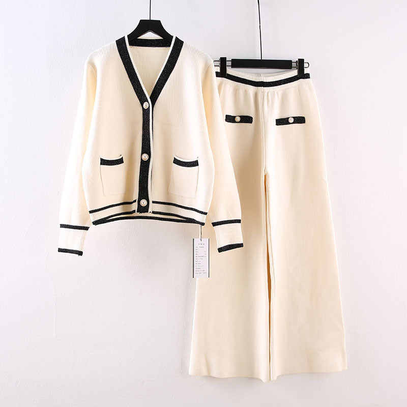Knitted Wide Leg Pants Suit Women's Autumn New Fashion Ladies Temperament Goddess Fan Two Piece Suit by eprolo