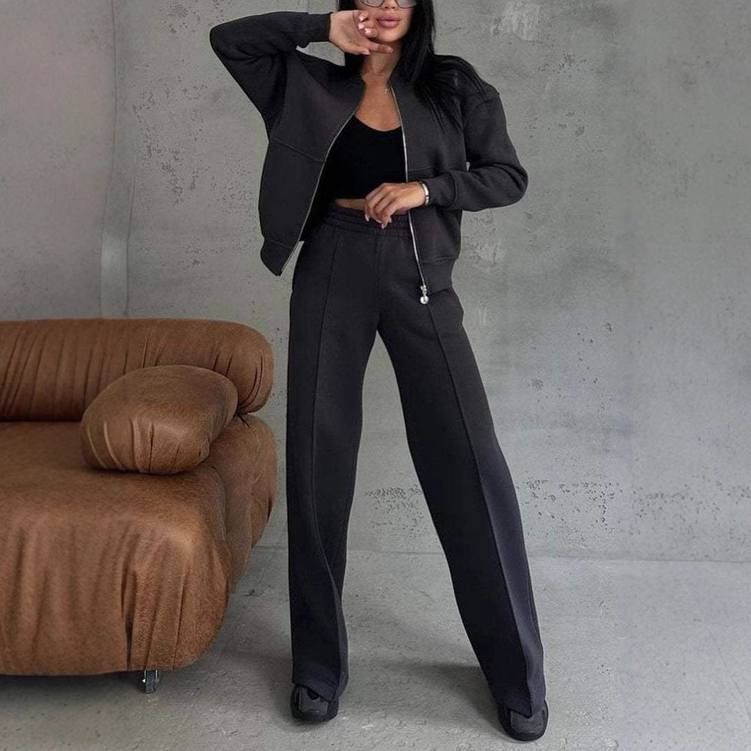 Women's Sports Suits Zipper Jacket And Wide Leg Pants Two-piece Set by My Store