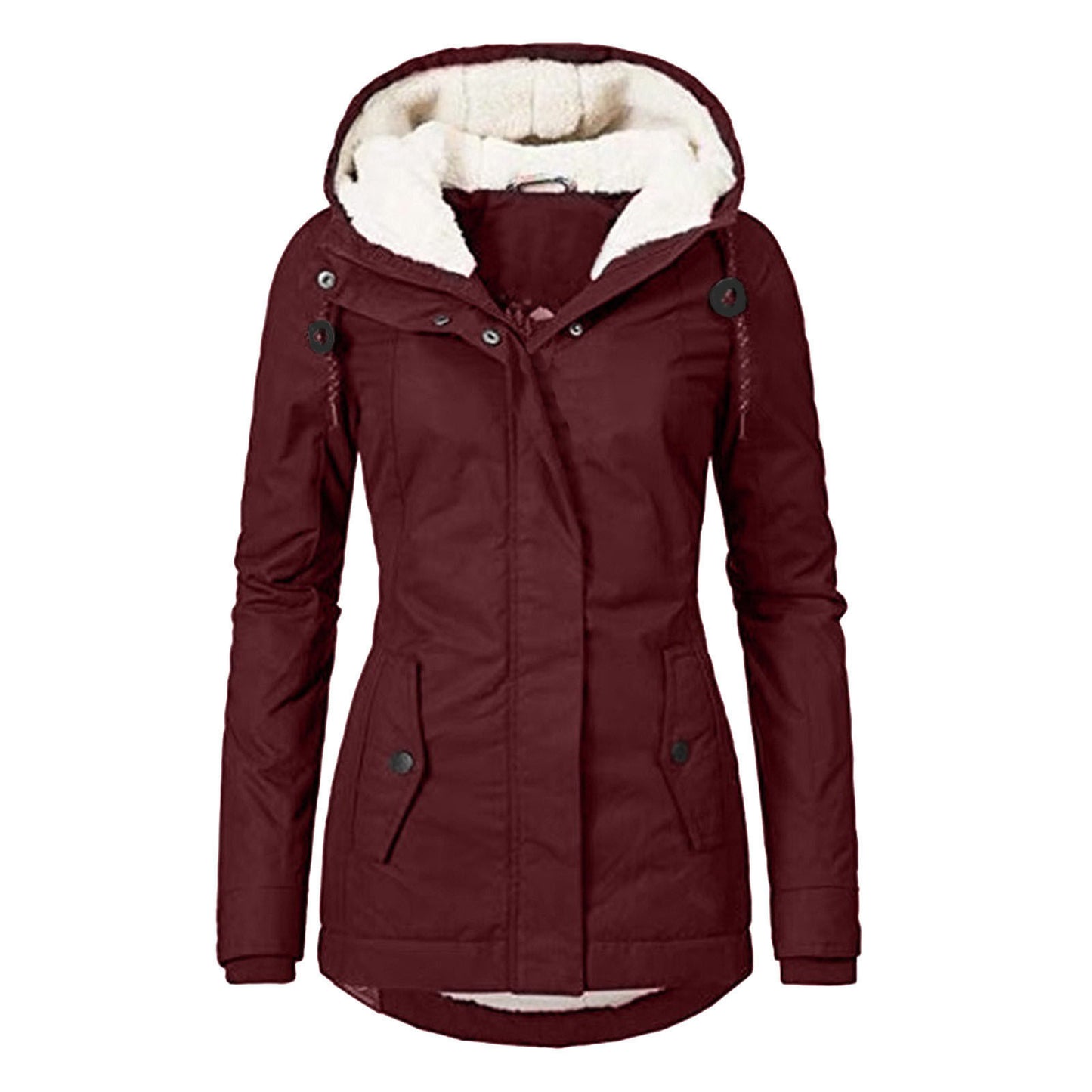 Winter Hooded Jacket Solid Color Warm Buckle Zip-up Fleece Jacket With Pockets Women's Casual Jacket by My Store