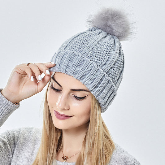Winter Knitted Hats Fashion Stretchy Lined Skull Hats For Women Faux Fur Pom Pom Hat Keep Warming Beanie Hat by DERILUJA LLC