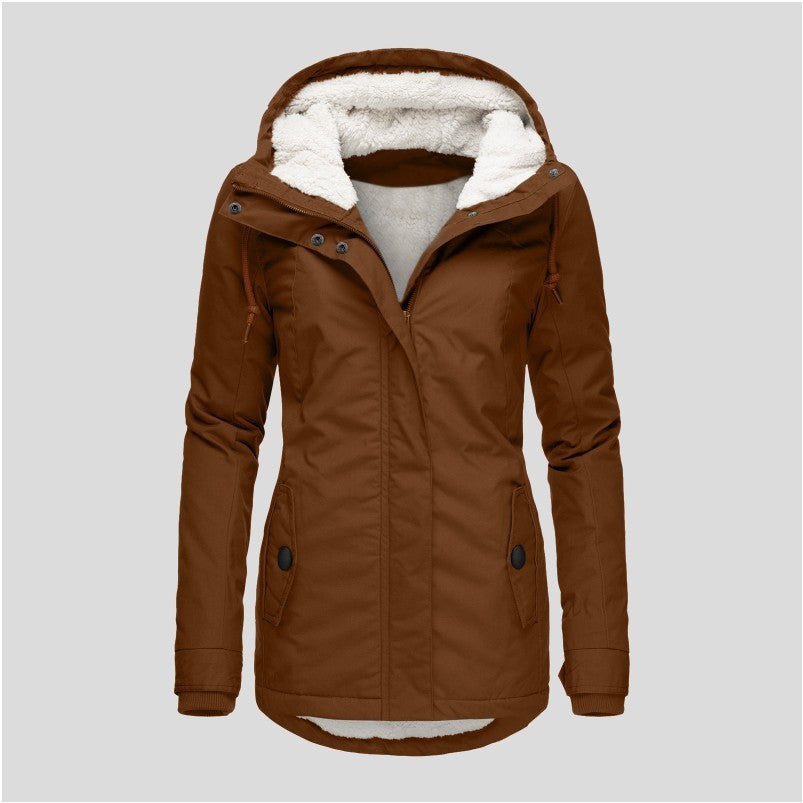 Winter Hooded Jacket Solid Color Warm Buckle Zip-up Fleece Jacket With Pockets Women's Casual Jacket by My Store