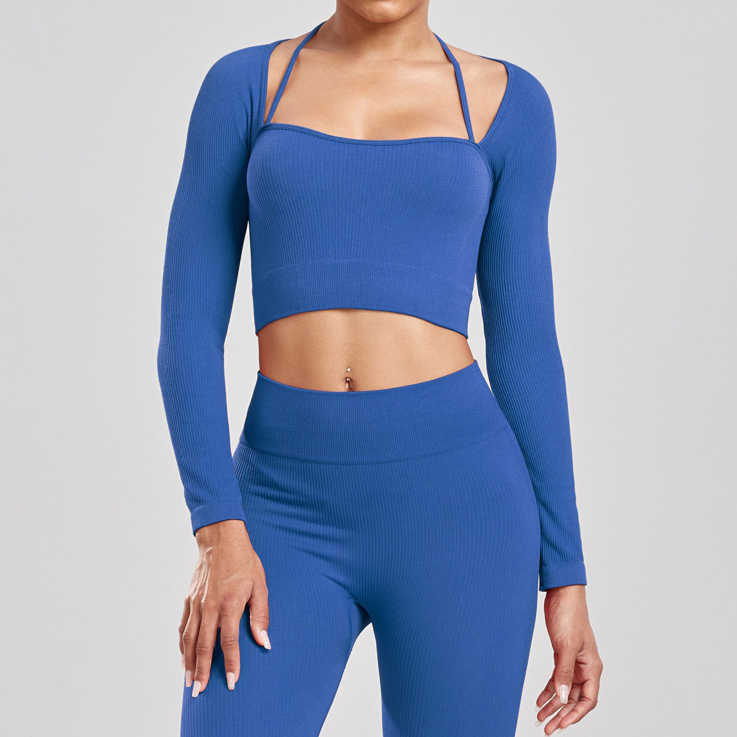 Sports Running Seamless Ribbed Long Sleeve Yoga Fitness Set, Bodycon High-Waisted Backless T-Shirt, Quick-Dry Workout Apparel by eprolo