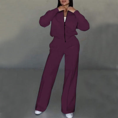 Women's Sports Suits Zipper Jacket And Wide Leg Pants Two-piece Set by My Store