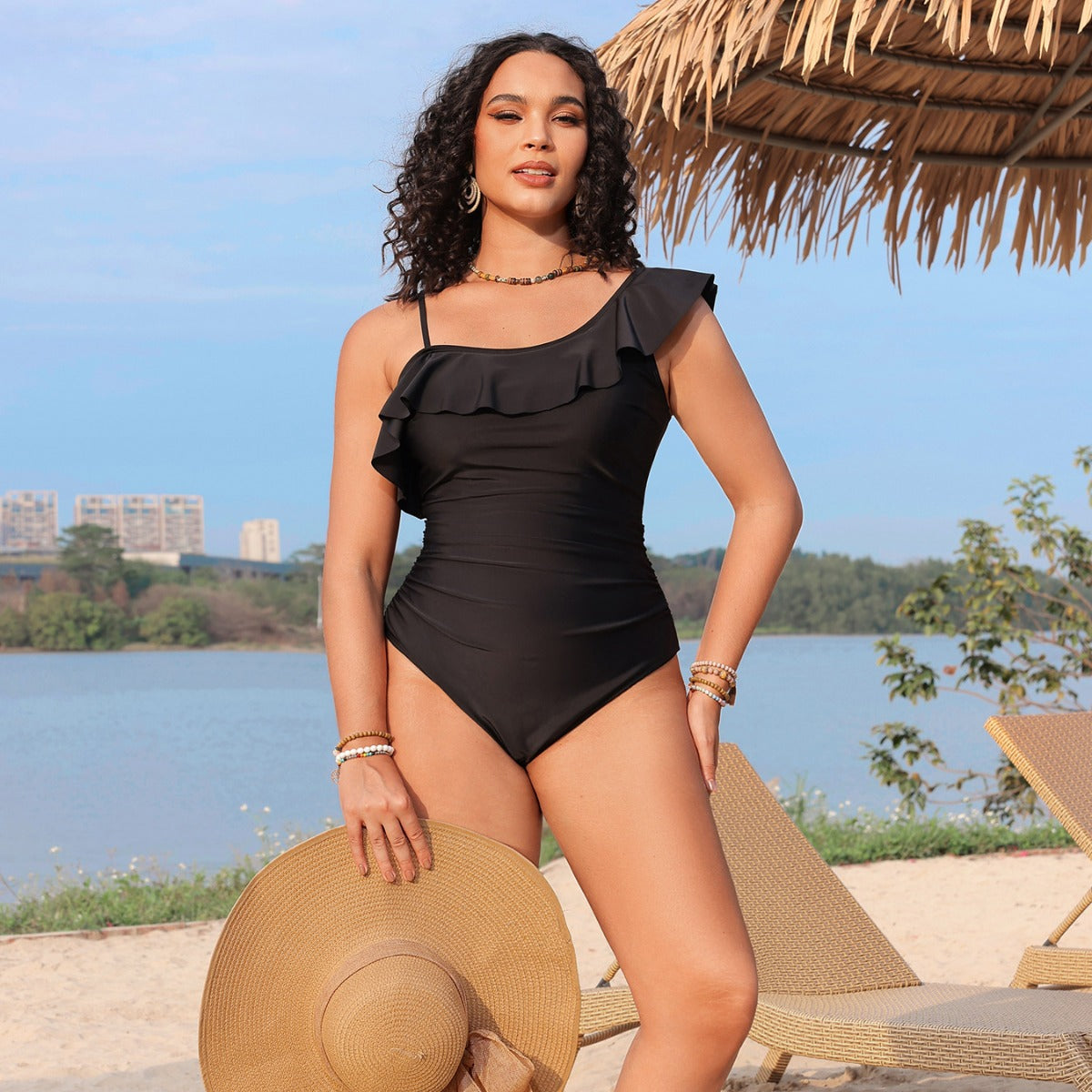 Single shoulder lace pleated one-piece swimsuit by eprolo