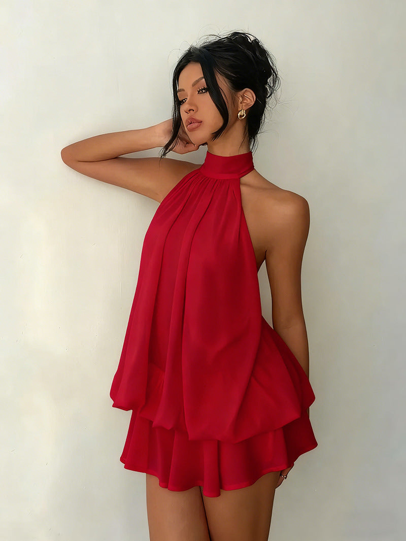 Women's vacation fitted sexy backless halter neck tie-waist dress with puffy short skirt by eprolo