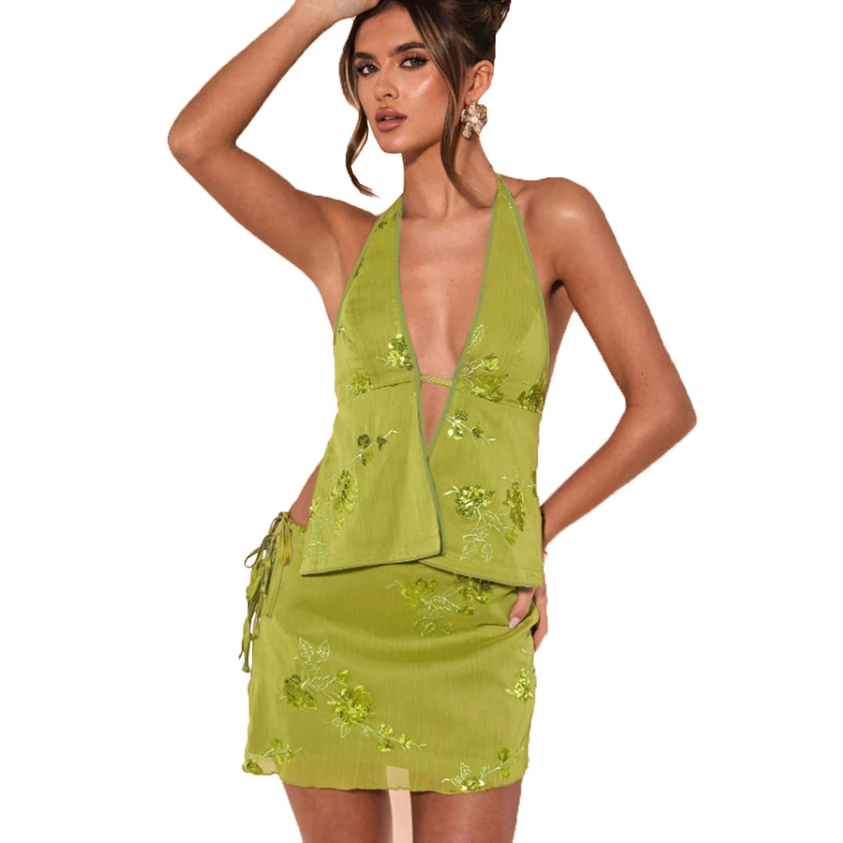 Sexy slim fit backless strap hanging neck skirt set for women by eprolo