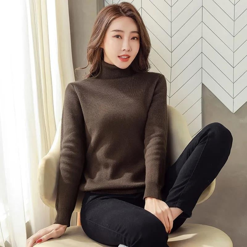 Fleece Turtle Neck Sweater Winter Warm Elegant Thick Knitted Pullover Tops Women's Clothing by DERILUJA LLC