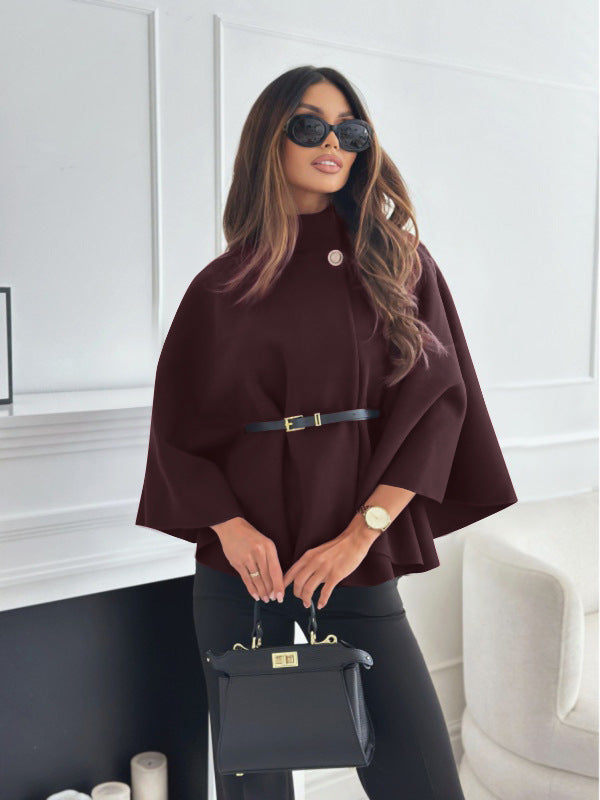 Stand Collar Batwing Sleeves Cloak Top With Belt Ins Fashion Temperament Jacket Woolen Sweater Outwear For Women Clothing by DERILUJA LLC