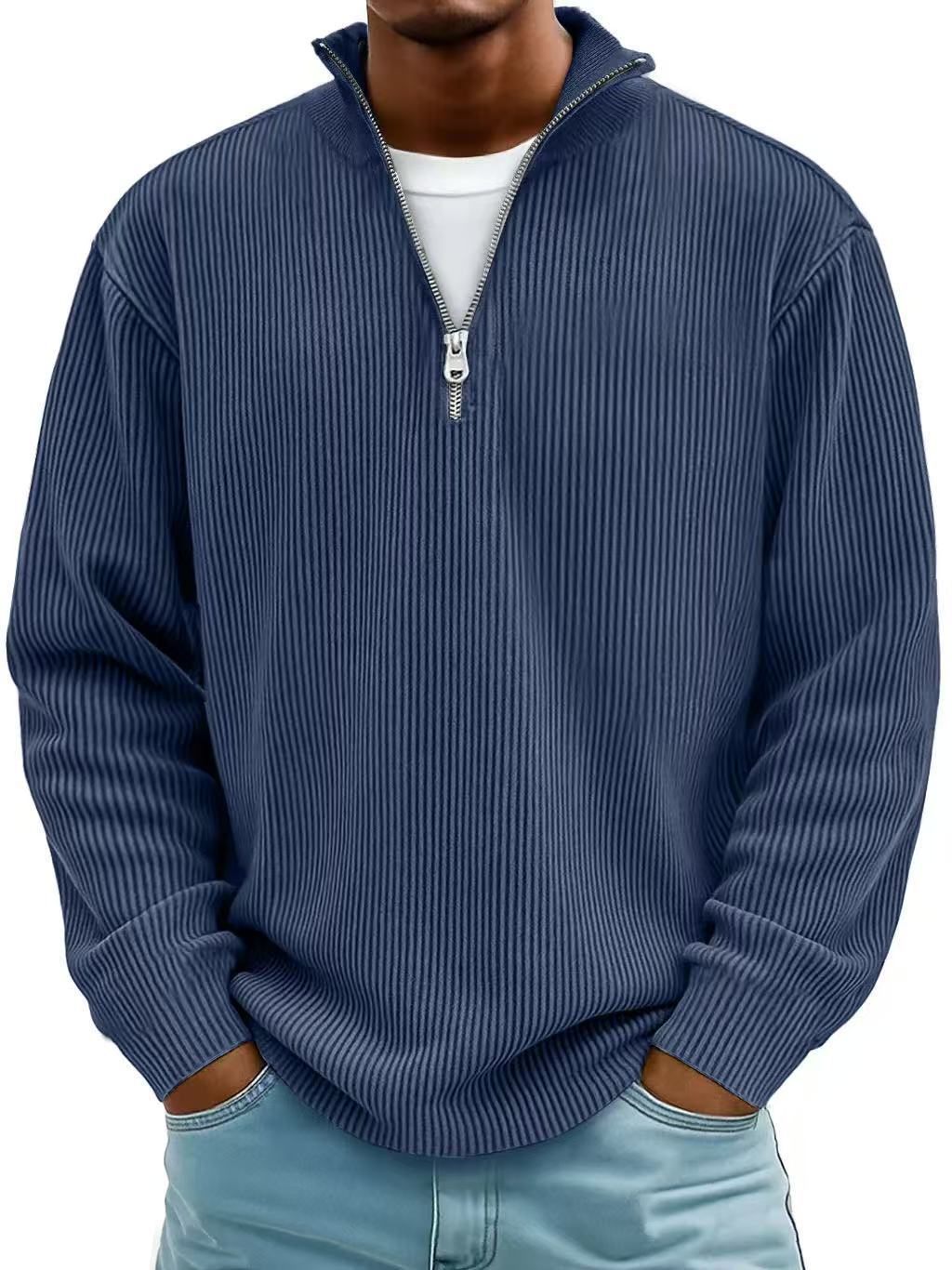 Corduroy Zipper Stand Collar Sweatshirt Fashion Warm Solid Color Long Sleeve Top Men's Casual Polo Shirt Clothing by My Store