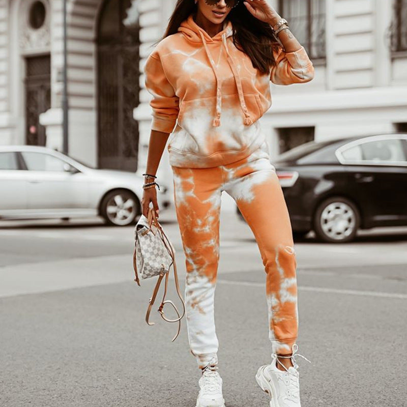 Tie-dyed loose hooded sweater set by DERILUJA LLC