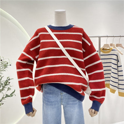 Autumn And Winter New Ladies Loose Collision Color Round Neck Knitted Tunic Simple Striped Pullover Sweater