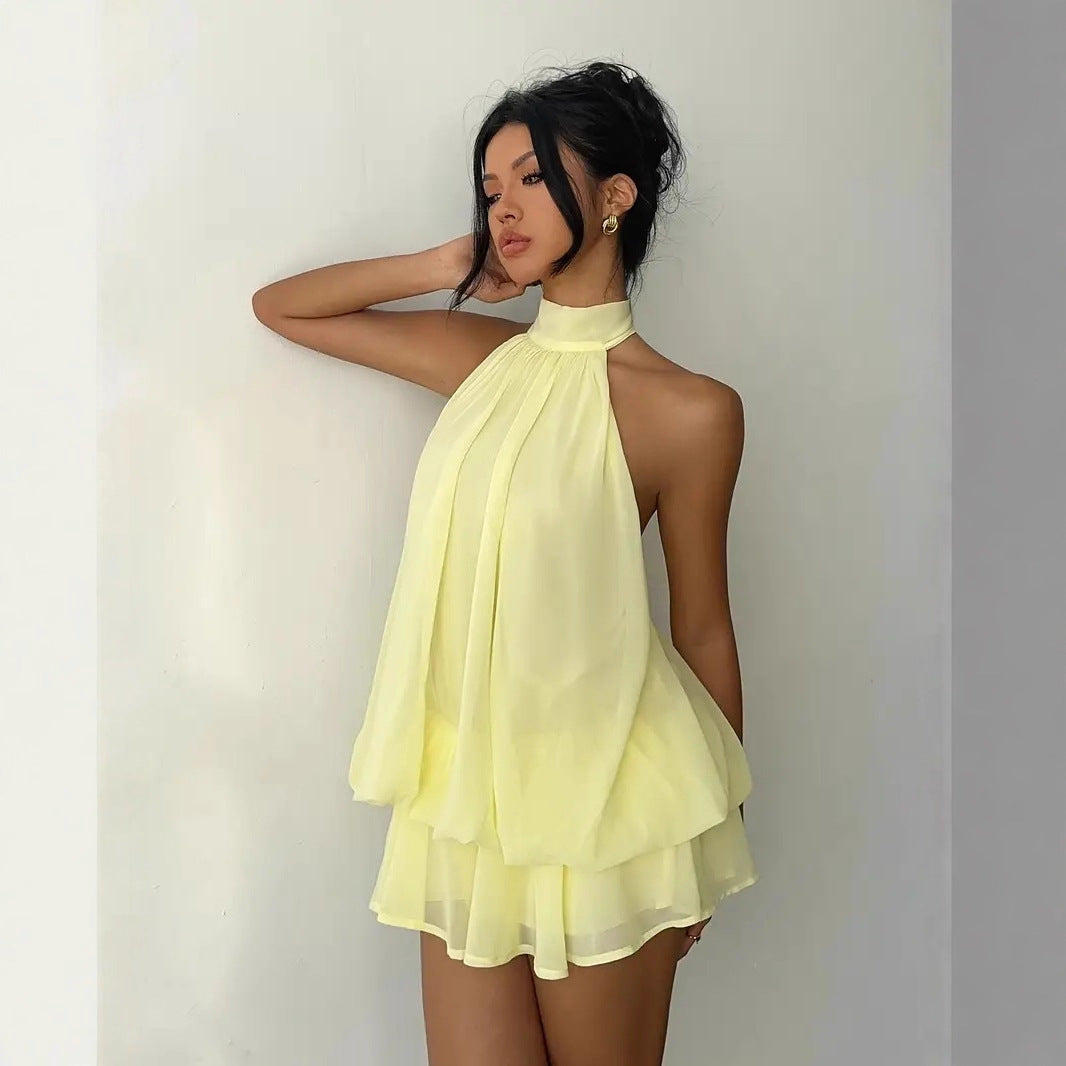 Women's vacation fitted sexy backless halter neck tie-waist dress with puffy short skirt by eprolo