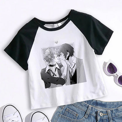 Crop Top Cartoon T Shirt Anime Bungou Stray Dogs Chuuya Nakahara Osamu Dazai Women Tops Tee Summer Clothes Camiseta Streetwear