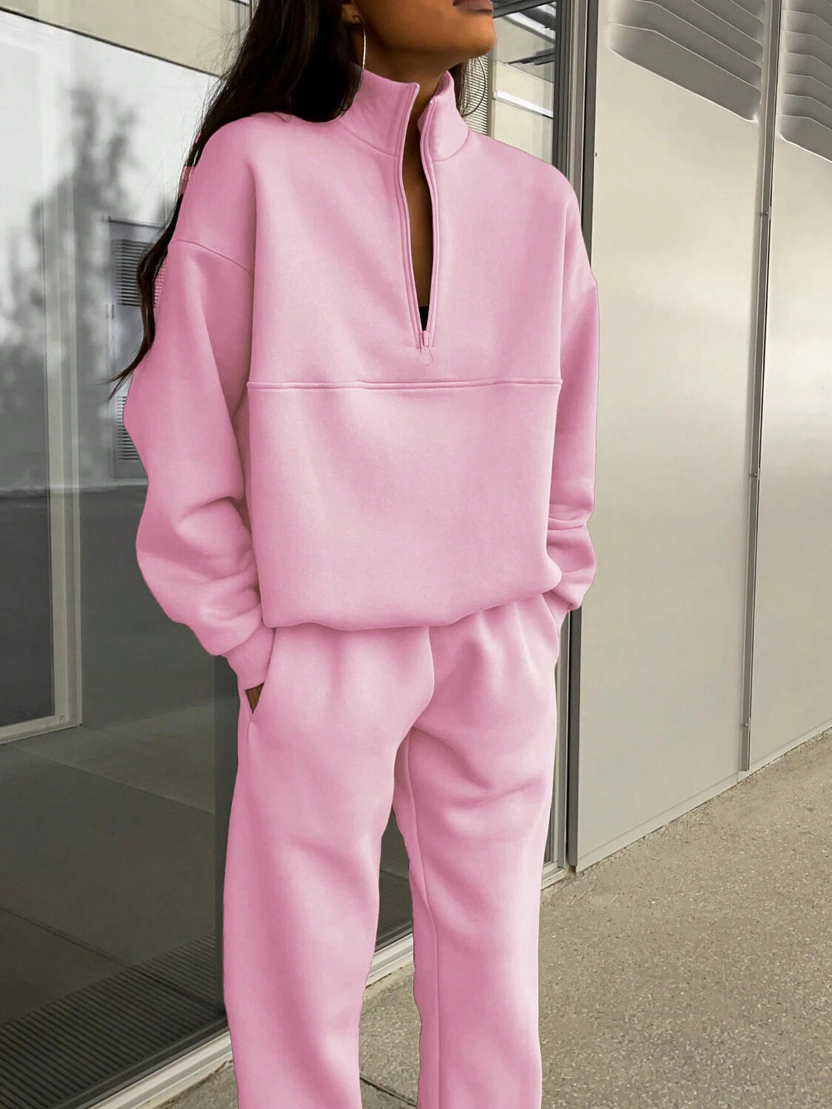 Long-sleeved Sports Sweatshirt Suit Fashion Stand-up Collar Zip-up Top And Elastic Band Trousers With Pocket Srping Fall Clothing For Women by DERILUJA LLC