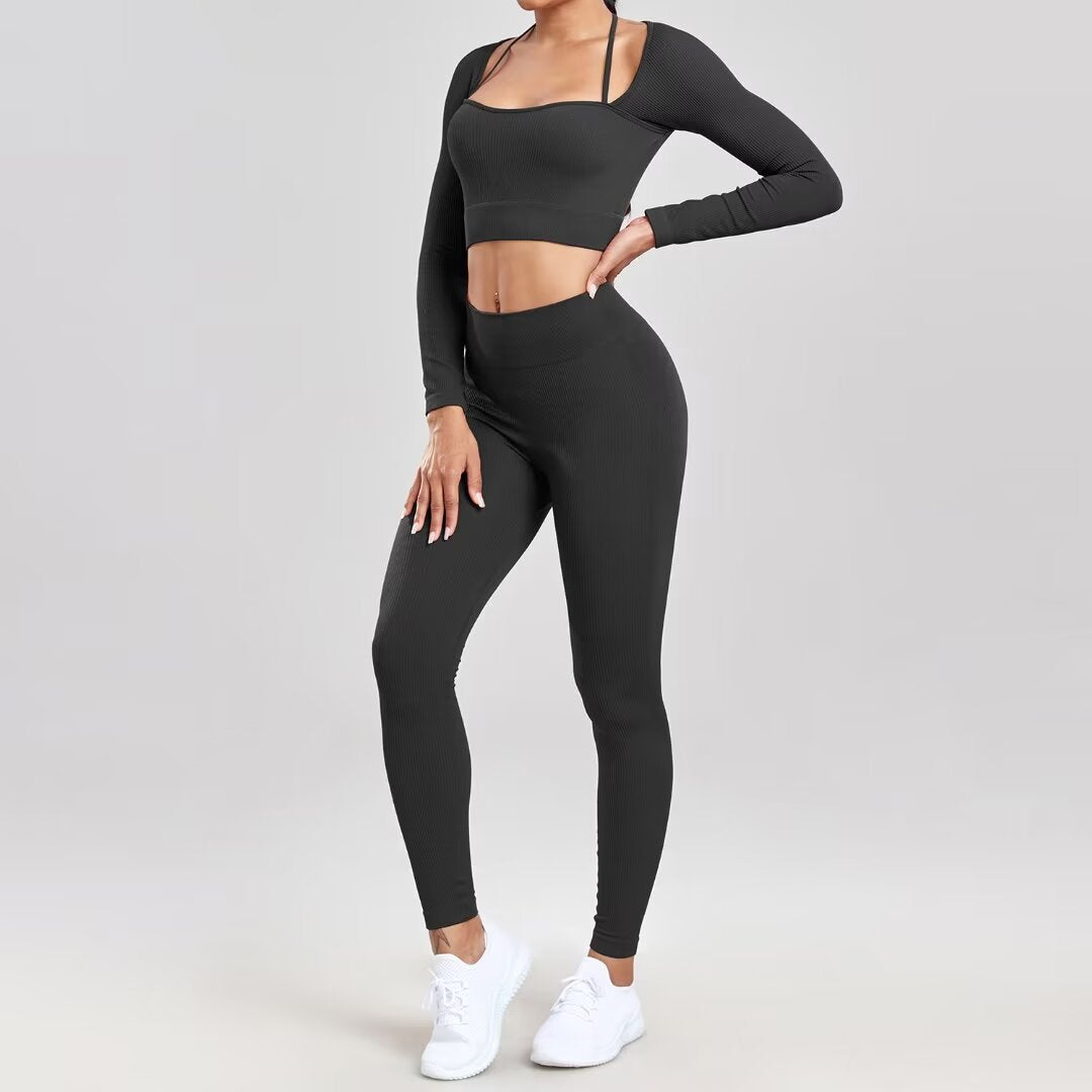 Sports Running Seamless Ribbed Long Sleeve Yoga Fitness Set, Bodycon High-Waisted Backless T-Shirt, Quick-Dry Workout Apparel by eprolo