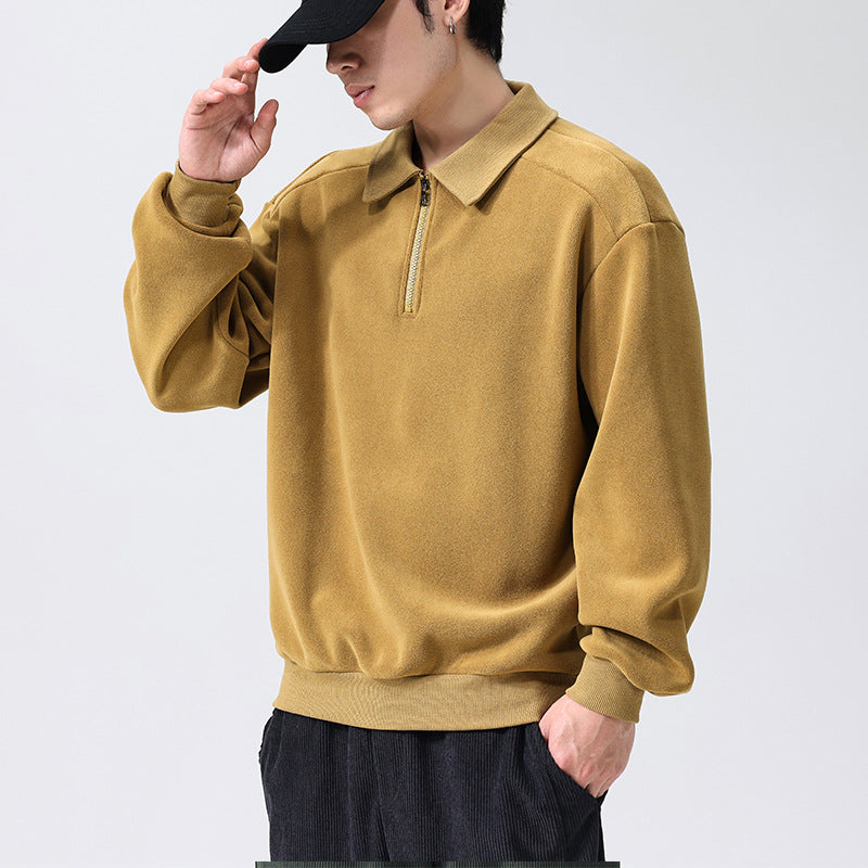 Fashion Lapel Half-zip Sweatshirt Winter Warm Fleece Long Sleeve Top Men's Clothing by DERILUJA LLC