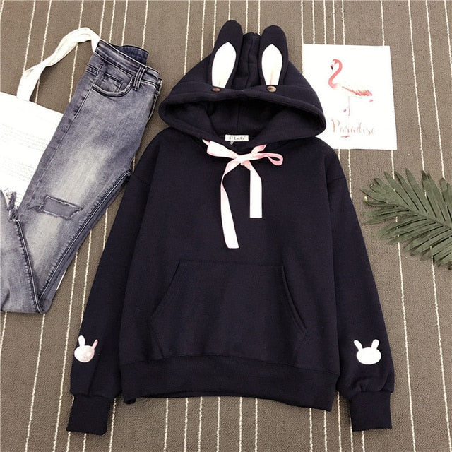 Women Cute Bunny Hoodie Long Sleeve Hoodie Lovely Female Rabbit Hoody Sweatshirts Loose Size Lovely Cotton Treetwear