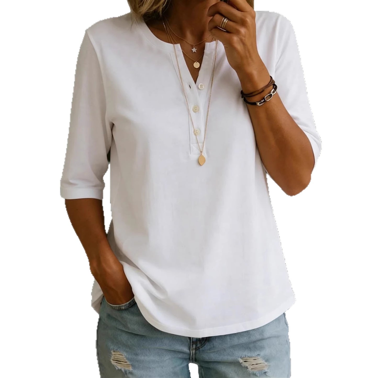 Classic Henley Neck Style Spring Summer New Women's Solid Color Button-Up Top by eprolo