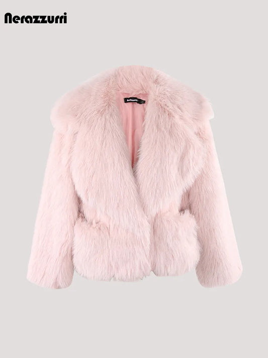 Nerazzurri Winter Short Loose Casual Hairy Soft Thick Warm Pink Faux Fur Coat Women with Big Collar and Pockets Fluffy women's Jacket