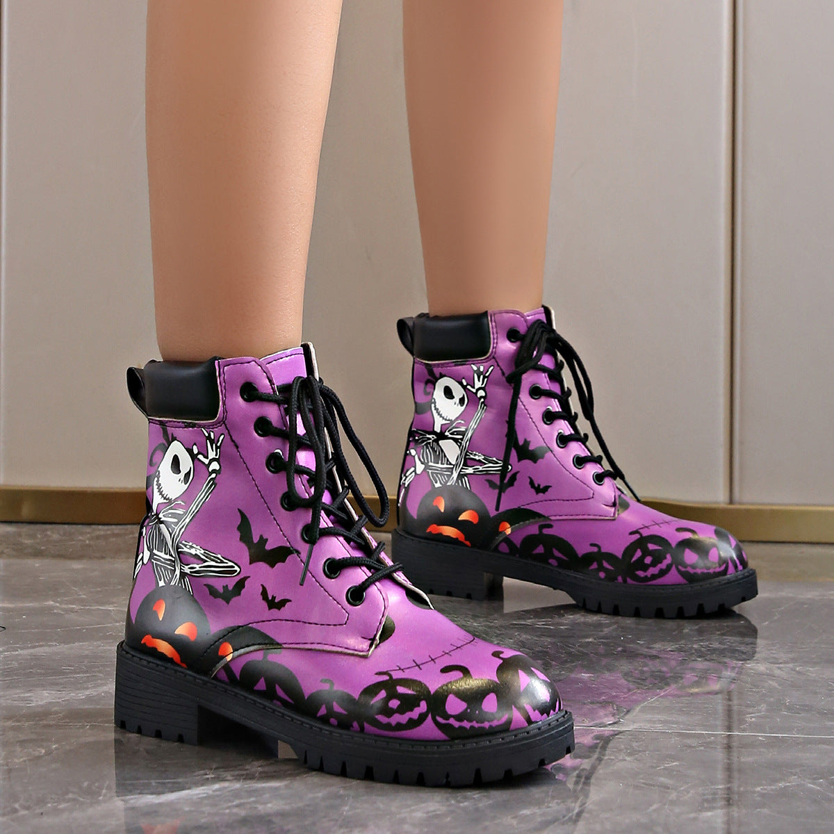 Printed short boots for women, round toe, thick heel, lace up, European and American Martin boots by eprolo