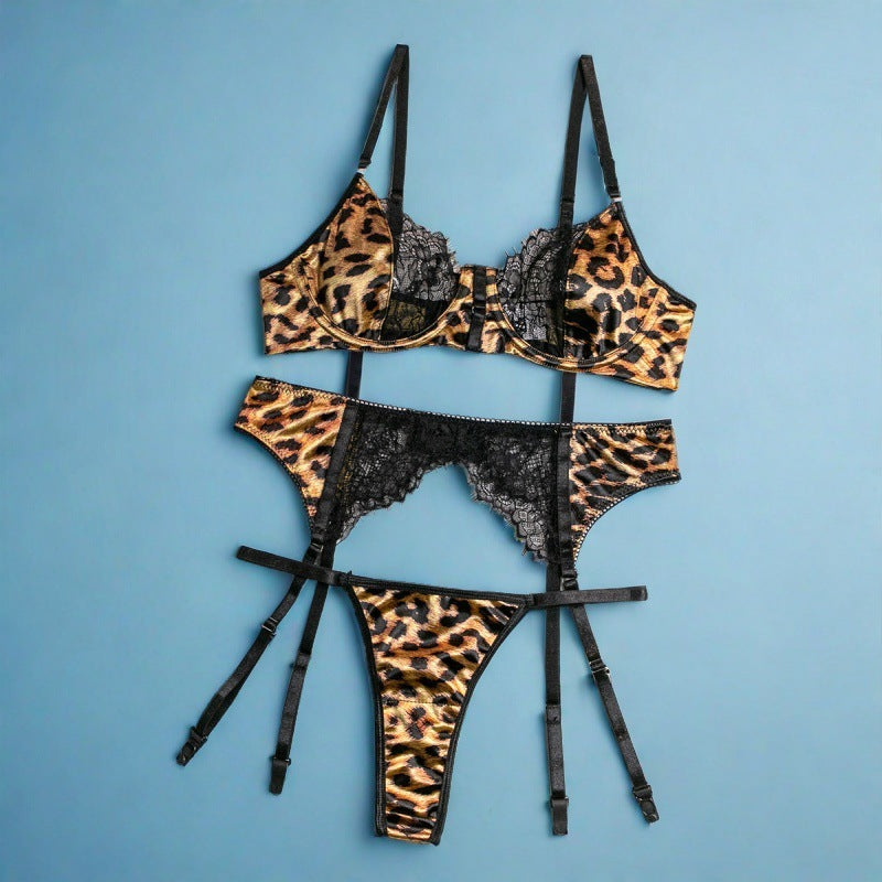 Wild Leopard Print Belted Jumpsuit with Steel Boning Lace Three-Piece Set by eprolo