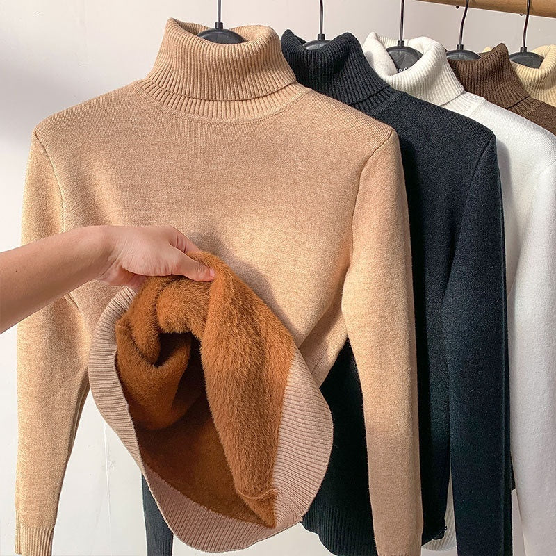 Fleece Turtle Neck Sweater Winter Warm Elegant Thick Knitted Pullover Tops Women's Clothing by DERILUJA LLC