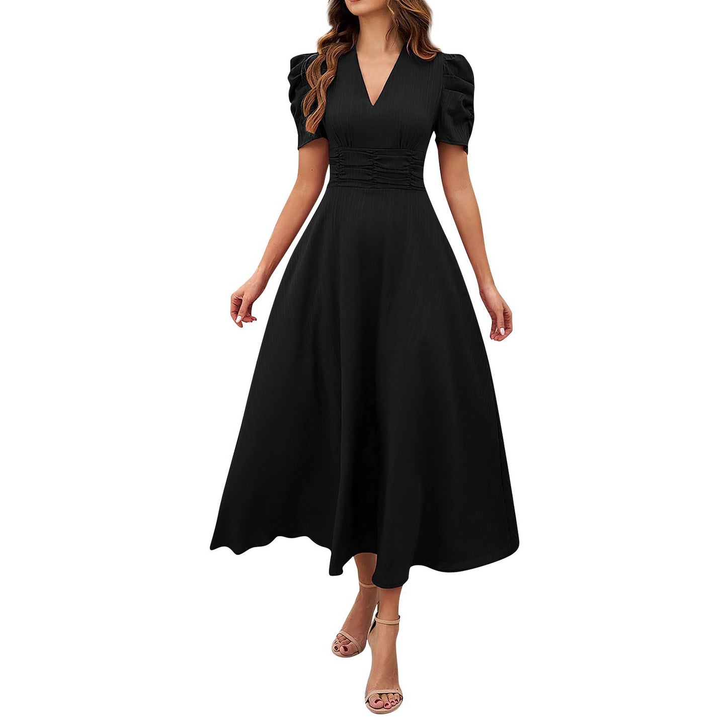 2026 Cross-Border Spring Summer Amazon Women's Fashionable And Elegant High-Waisted Solid Color Waist-Cinching Short-Sleeve Dress by DERILUJA LLC