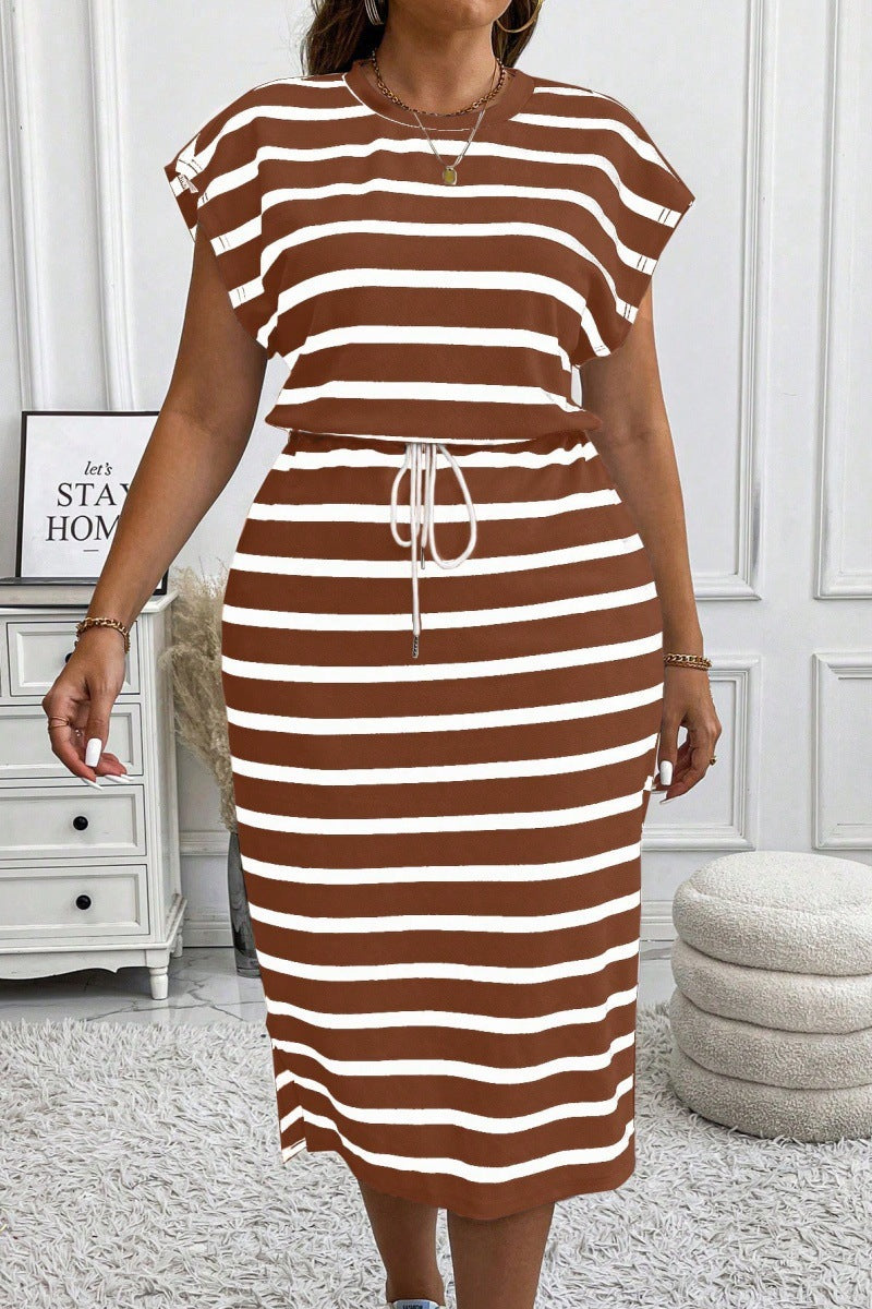Round Neck Printed Tether Short Sleeve Dress by DERILUJA LLC