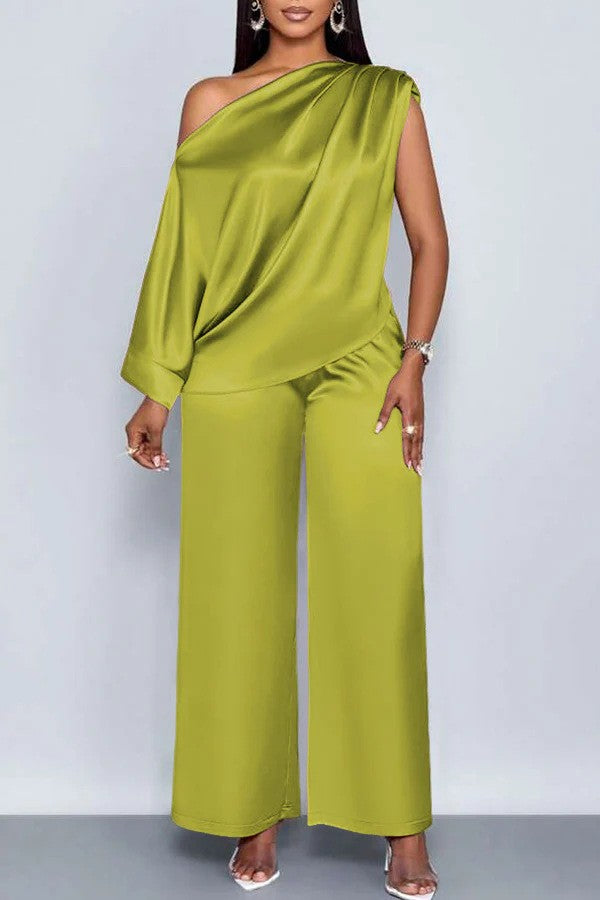 Long-sleeved Suit Off-shoulder Pullover Shirt Top And Loose Straight-leg Trousers Women's Clothing by DERILUJA LLC