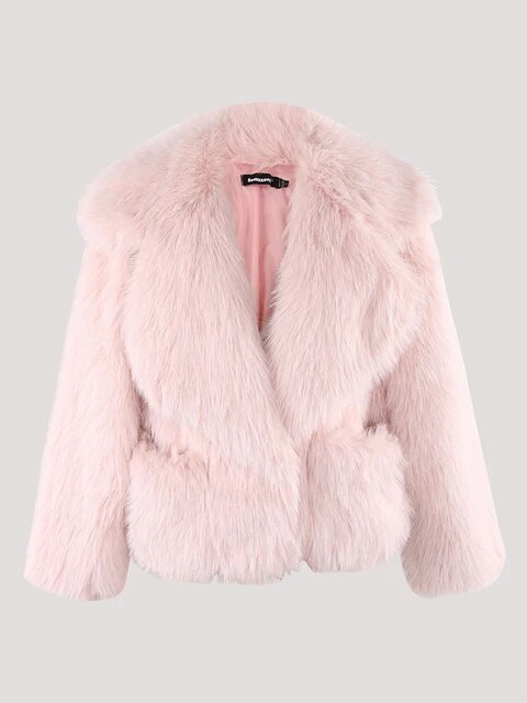 Nerazzurri Winter Short Loose Casual Hairy Soft Thick Warm Pink Faux Fur Coat Women with Big Collar and Pockets Fluffy women's Jacket