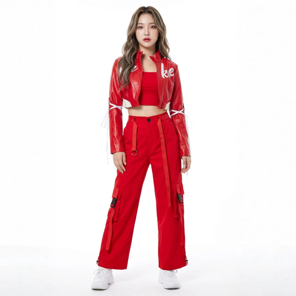 Red Trendy Jazz Hip-Hop Dance Performance Outfit, Girl Group Style Cheerleading Stage Costume Set by eprolo